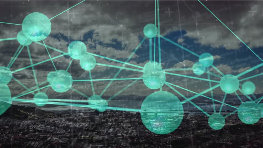 Camera holding network of turquoise spheres rotating over city with rain, visualizing data flow. Futuristic, technology, digital, innovation, urban, abstract, cyberpunk - Powered by Shutterstock - Get 15% off with code: PIKWIZARD15