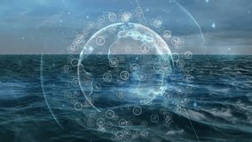 Cloudy sky shifting over sea starting 3D globe emerging rotating pulsing nodes indicating data flow. Futuristic, technology, network, global, holographic, data, innovation - Powered by Shutterstock - Get 15% off with code: PIKWIZARD15