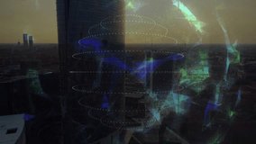 Sunset skyline activating holographic grid linking device and symbol icons for global connectivity. Futuristic, connectivity, technology, digital, visualization, urban, innovation - Powered by Shutterstock - Get 15% off with code: PIKWIZARD15