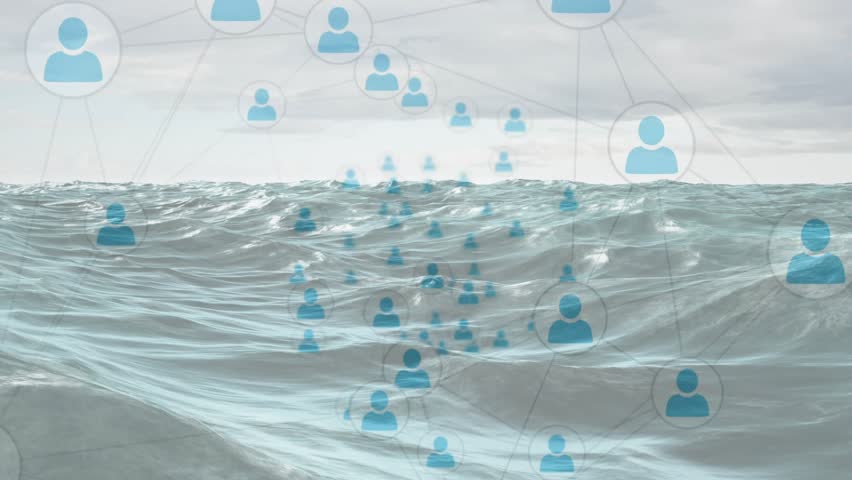 Fading blue avatar icons drifting forward over ocean waves beneath clouds representing community. Connection, digital, abstract, technology, network, harmony, communication - Powered by Shutterstock - Get 15% off with code: PIKWIZARD15