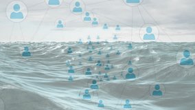 Fading blue avatar icons drifting forward over ocean waves beneath clouds representing community. Connection, digital, abstract, technology, network, harmony, communication - Powered by Shutterstock - Get 15% off with code: PIKWIZARD15