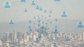 User-avatar overlay fading over skyline, icons linking into network expanding digital connectivity. Technology, communication, connectivity, urban, digital, network, innovation - Powered by Shutterstock - Get 15% off with code: PIKWIZARD15