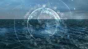 Globe emerging above ocean at dusk, rings appearing, nodes pulsing, forming data network. Technology, connectivity, futurism, data, digital, network, innovation - Powered by Shutterstock - Get 15% off with code: PIKWIZARD15