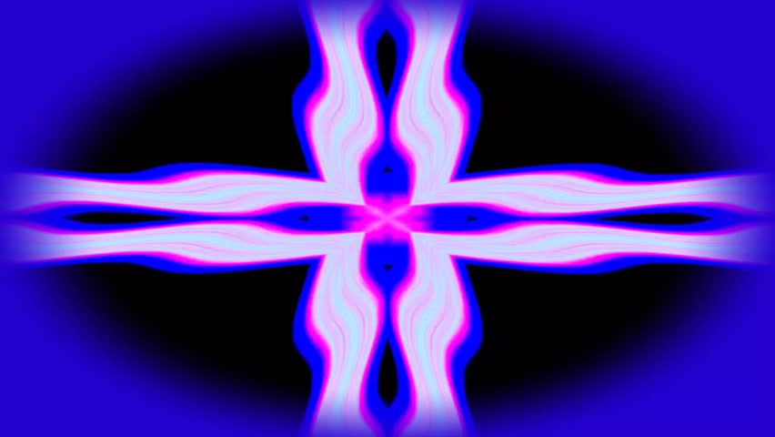 A mesmerizing abstract animation featuring a glowing symmetrical cross-like shape shifting and transforming in bright pink, white, and blue hues against a dark, blue-glowing background.