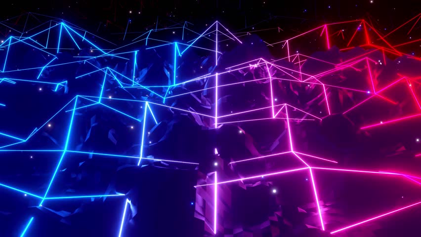 Beautiful modern motion graphic bg. Vj loop abstract sci fi landscape. looped animation neon glow wareframes on surface in dark. Abstract sci fi cyber background with neon glow gradient color.