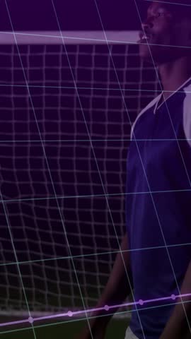 Saving ball, soccer player with digital animation overlay on goal net. sports, athlete, teamwork, competitive, game, dynamic