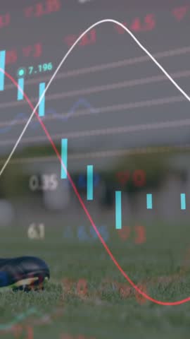 Soccer ball on grass with financial data processing animation overlay. Finance, sport, analysis, statistics, economy, investment