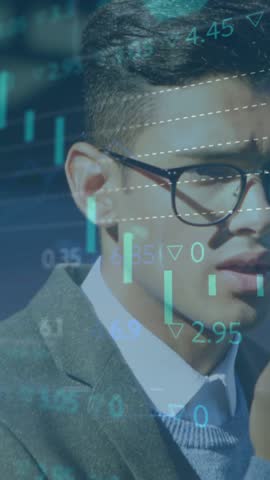 Using smartphone with financial data and stock market animation, businessman analyzing. Finance, technology, investment, analysis, economy, stock trading