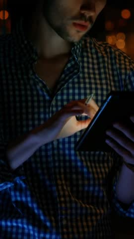 Using smartphone, man surrounded by blue chat bubbles in dark animation setting. Technology, digital, communication, networking, messages, virtual