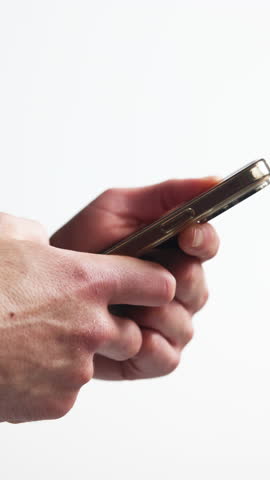 Scroll, hands and person in studio with phone, internet search or chat on social media. Digital, browsing and man on white background with tech, networking or communication in message update.
