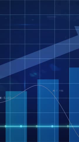 Animation showing bar and line graphs with upward arrow indicating financial growth. Finance, analytics, success, strategy, progress, trend