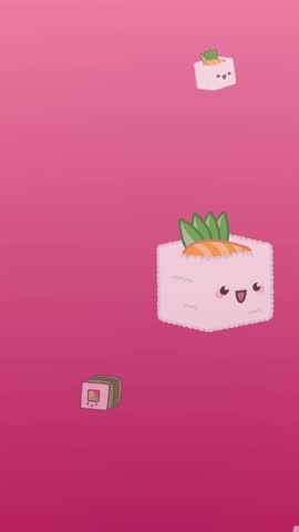 Animation of diverse cartoon sushi floating on pink background. cuisine, food preparation and catering digitally generated video.