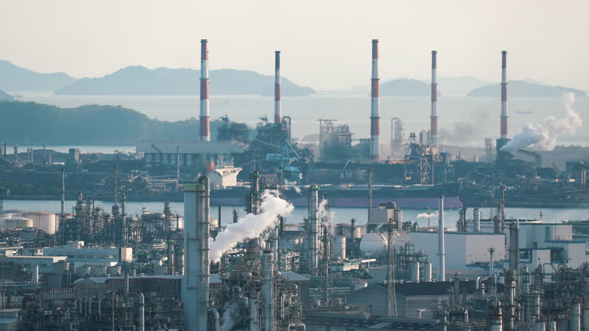 Coastal oil refinery with smoking chimneys in Japan.