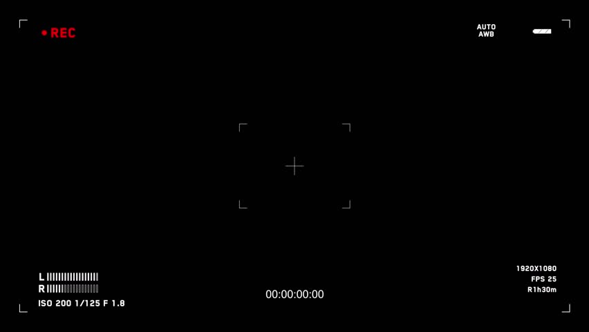 Horizontal 16:9 professional camera viewfinder screen with detailed data including timecode, rec icon, audio levels, and settings. For filmmaking or tech concepts