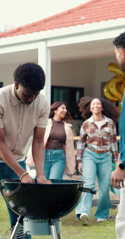 Friends, hug and greeting in backyard with barbecue for social event, party and bonding together. Happy people, welcome and embrace in garden with fire grill for food, bbq cookout or holiday hangout.