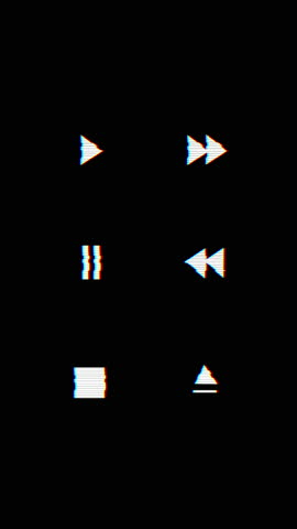 Vertical 6 animation set VHS playback buttons with screen distortion, noise and glitch, on black background. Include: Play, pause, stop, rewind, fast forward, and eject buttons. 4k video.