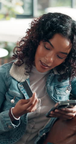 Woman, relax and card with phone at house for online shopping, purchase and easy payment. Female person, check and mobile for ecommerce, banking app and reading information for financial transaction