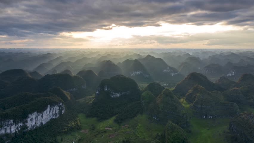 Sunrise and foggy landscape of the karst peaks in Dushan County, Qiannan, Guizhou, China