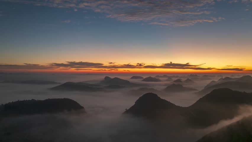Sunrise and foggy landscape of the karst peaks in Dushan County, Qiannan, Guizhou, China