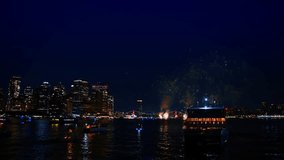 Red fireworks over Manhattan skyline, New York City night. Red fireworks explode above Manhattan skyline reflecting in the Hudson River - Powered by Shutterstock - Get 15% off with code: PIKWIZARD15
