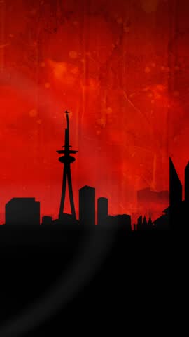 Animation of plane taking off over silhouetted modern cityscape on red. global shipping, delivery and transport concept digitally generated video.
