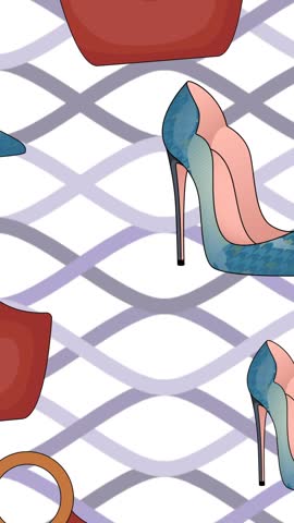 Animation of high heels and handbag repeated on white background. fashion and accessories background pattern concept digital animation.