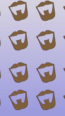 Animation of brown moustache and beard repeated on blue backgroud. fashion and accessories background pattern concept digital animation.