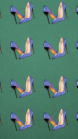 Animation of blue high heels repeated on green backgroud. fashion and accessories background pattern concept digital animation.