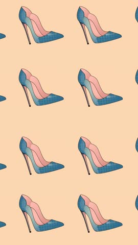Animation of blue high heels repeated on orange backgroud. fashion and accessories background pattern concept digital animation.