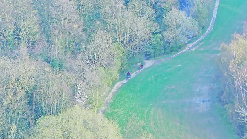 Bikers and runners on a winding path through ancient oak-birch woodland, featuring native broadleaf and conifer species adapted to the South Yorkshire landscape in Netherwood Country Park, Wombwell.