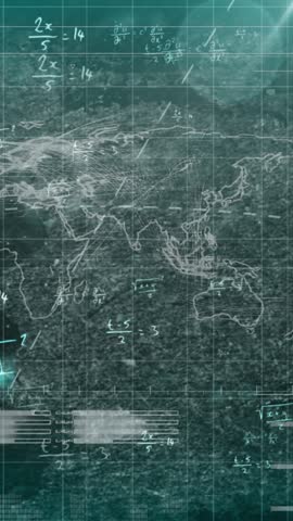 The image depicts mathematical formulae moving and flickering on a blue chalkboard background. The animation represents data analysis and a earth map on a green screen background.
