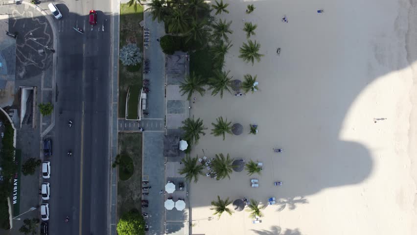 A straight-down 4K drone shot captures the beach Da Nang, Vietnam. Traffic moves alongside the palm-lined street while sunbathers relax on My Khe Beach, framed by the long shadow of a city high-rise