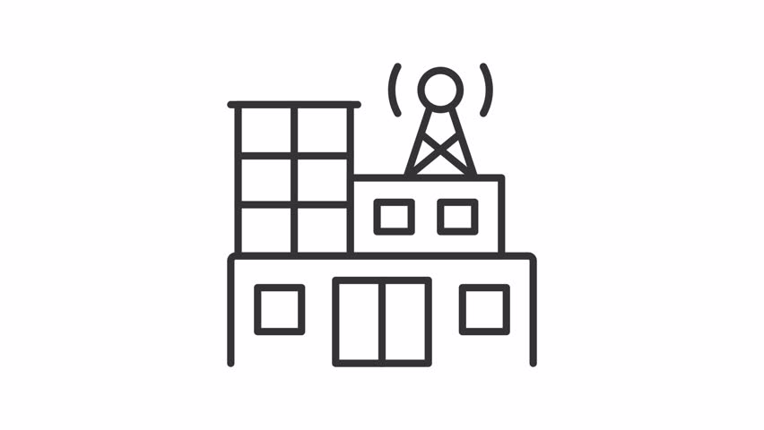 Broadcasting station line animation. Radio building animated icon. Communication tower with moving signal waves. Closing doors. Outline element on white background. HD video with alpha channel