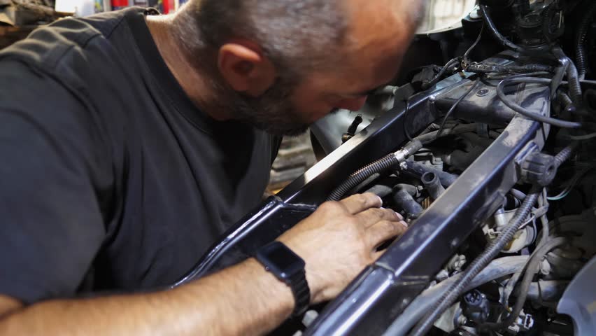 Adult repairman fixing motor of motorbike at workshop. Professional mechanic repairing engine of motorcycle at workplace. Male repairer mending detail of moto at garage. Concept of maintenance service - Powered by Shutterstock - Get 15% off with code: PIKWIZARD15