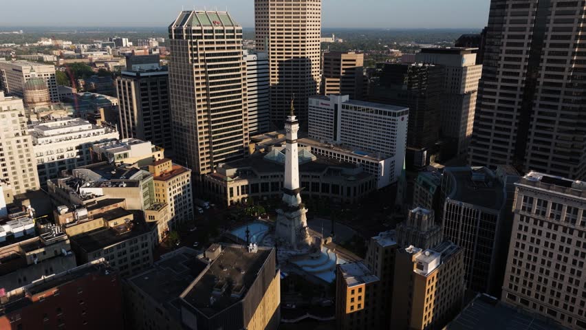 Monument Circle at Sunrise, Downtown Indianapolis Aerial Establishing Drone Shot