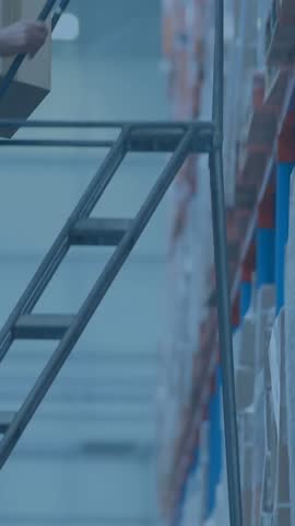 Warehouse worker stacking boxes, logistics data processing animation over scene. transportation, supply chain, data analysis, shipping, storage, freight