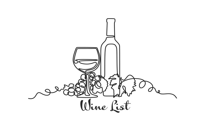 Animated self drawing of continuous line Bottle of wine with wineglass and grape bunch. Wine list. Full length one line animation. 4K	