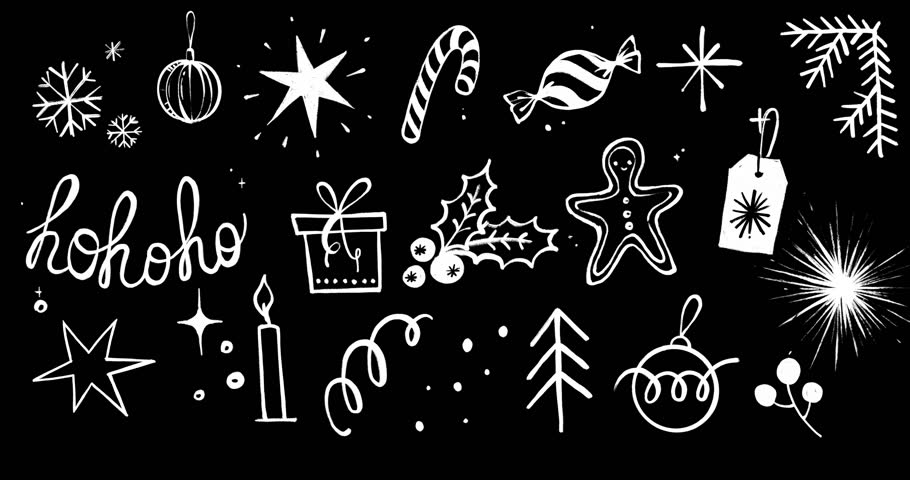 Whimsical Hand Drawn Christmas Animation Pack with crayon texture. Loop Doodle Elements with Snowflakes, Cookies, Candies, Sparkles on Alpha Channel for Winter, Christmas, Holiday Projects. 