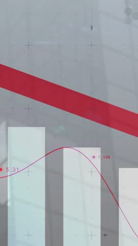 Red downward arrow and bar graph showing financial decline over abstract background. Finance, recession, analysis, statistics, business, economy