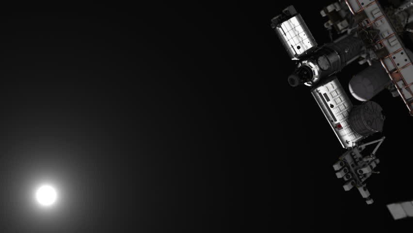 ISS International Space Station Passing in Front of Distant Sun Star with Realistic Lighting Illuminating Different Components. Science Astronomy Spaceship Animation.