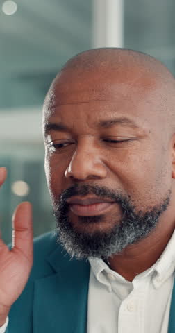 Black man, headache and tired at office with stress, pain and exhausted with brain fog at financial company. Person, broker and migraine with fatigue, burnout or overwhelmed with vertigo at agency