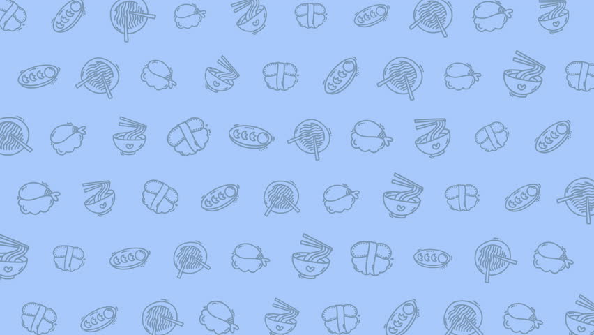 Food pattern animation ramen sushi dumplings seamless line art asian cuisine suitable for culinary themes, restaurant branding, textile design, and digital backgrounds