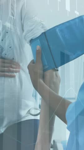 Animation of data processing over female doctor taking pressure of her patient. Medicine, technology and digital interface concept digitally generated video.