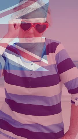 Bermuda flag and coat of arms animation over woman enjoying beach. Travel, tourism, vacation, holiday, relaxation, summer