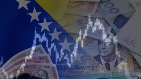 The Bosnian and Herzegovinian flag, convertible mark bills (BAM), and stocks. Symbolizing Intersection of National Economy, Global Markets, and Investment. Bosnia and Herzegovina's Stock Market - Powered by Shutterstock - Get 15% off with code: PIKWIZARD15