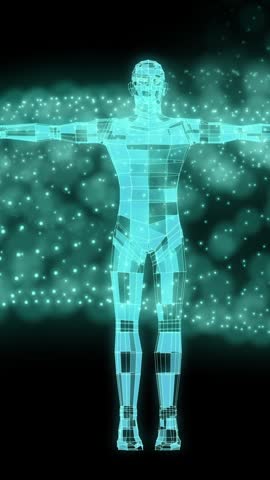 Animation of mesh with data processing over human body. Global networks, science, digital interface, computing and data processing concept digitally generated video.