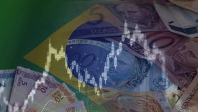 The Brazilian flag, real bills (BRL), and stocks. Symbolizing Intersection of National Economy, Global Markets, and Investment. Brazil's Stock Market and Currency - Powered by Shutterstock - Get 15% off with code: PIKWIZARD15