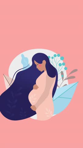 Animation of pregnant woman with long hair touching belly and butterflies flying on pink background. Digitally generated, illustration, abdomen, positive emotion, affection, flower.