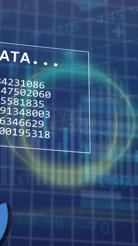 Animation of circle, graphs, letters, numbers, globe over trading board against abstract background. Digitally generated, hologram, illustration, report, business, globalization and stock market.