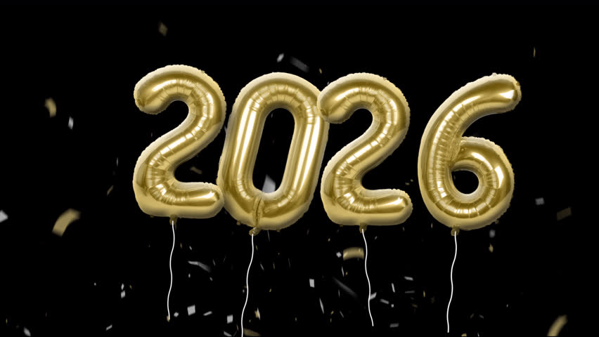 Black screen New Year 2026 gold foil balloons float around 3D rendering. 3D Illustration